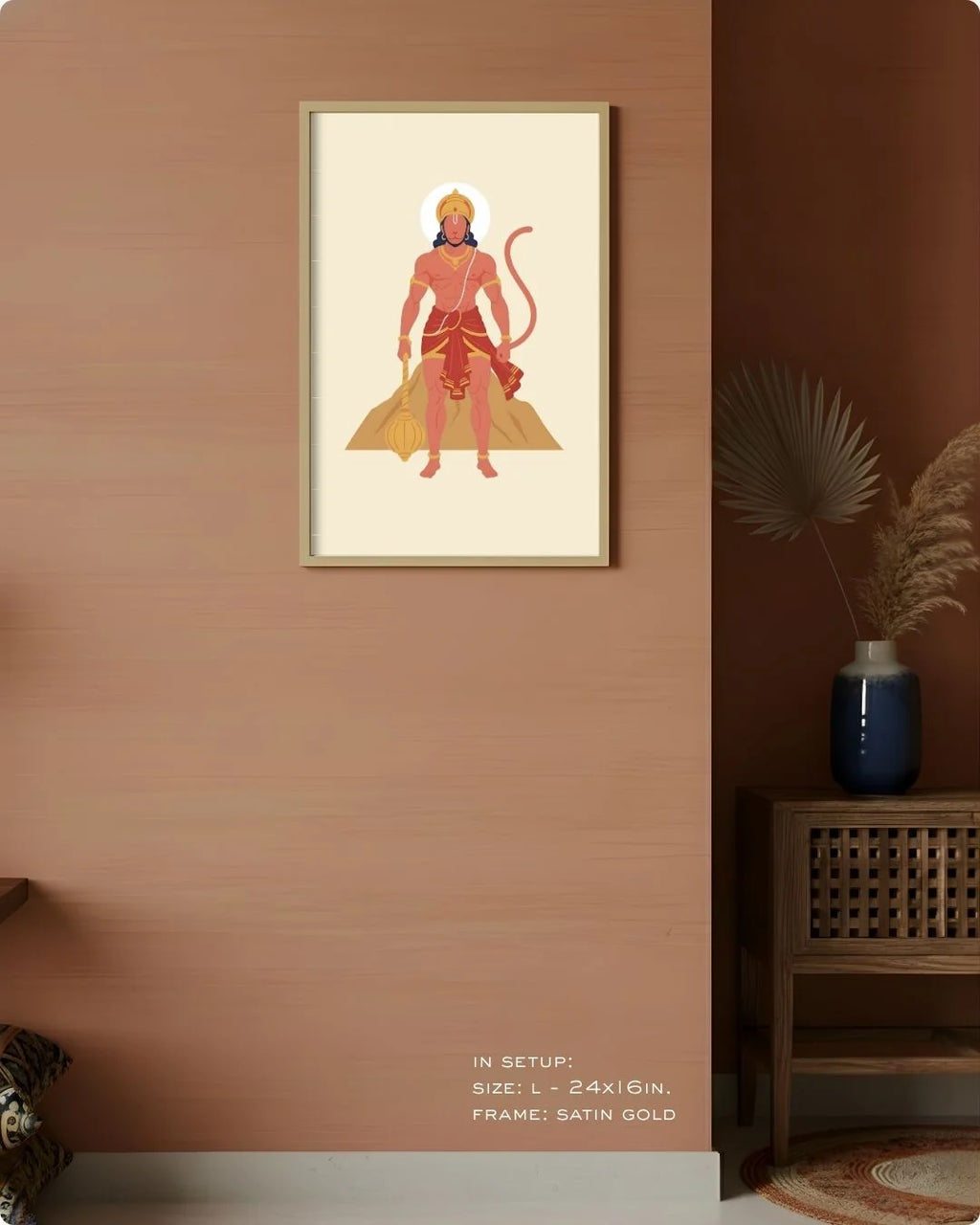 Large (Size L - 24x16in) Lord Hanuman minimalist art in a Satin Gold frame, showing the ideal scale for standard living room walls.