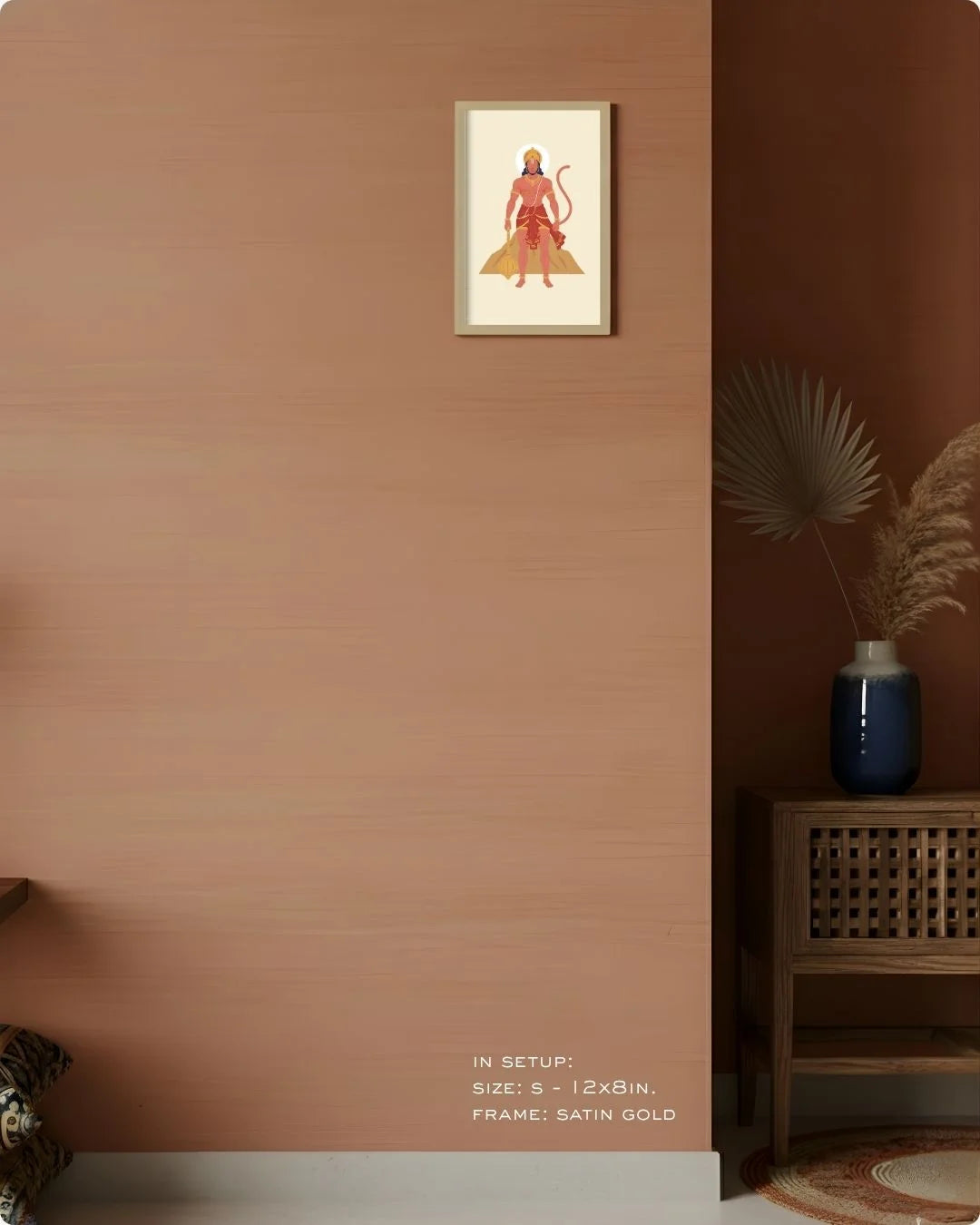 Small (Size S - 12x8in) Lord Hanuman print in a Satin Gold frame, showing a refined spiritual accent for compact spaces.