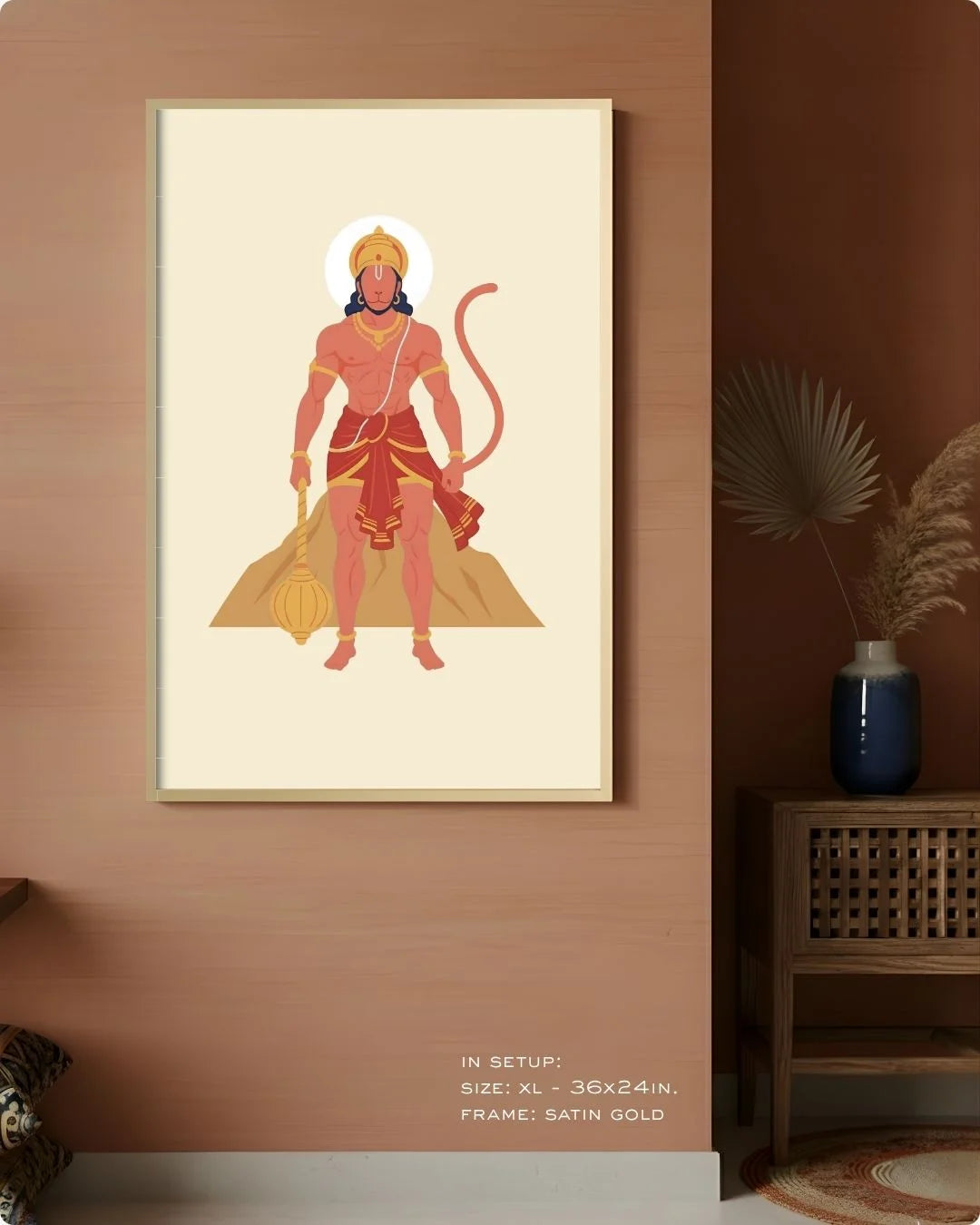 Extra Large (Size XL - 36x24in) Hanuman divine print in a Satin Gold frame, demonstrating a monumental statement wall scale on a terracotta wall.
