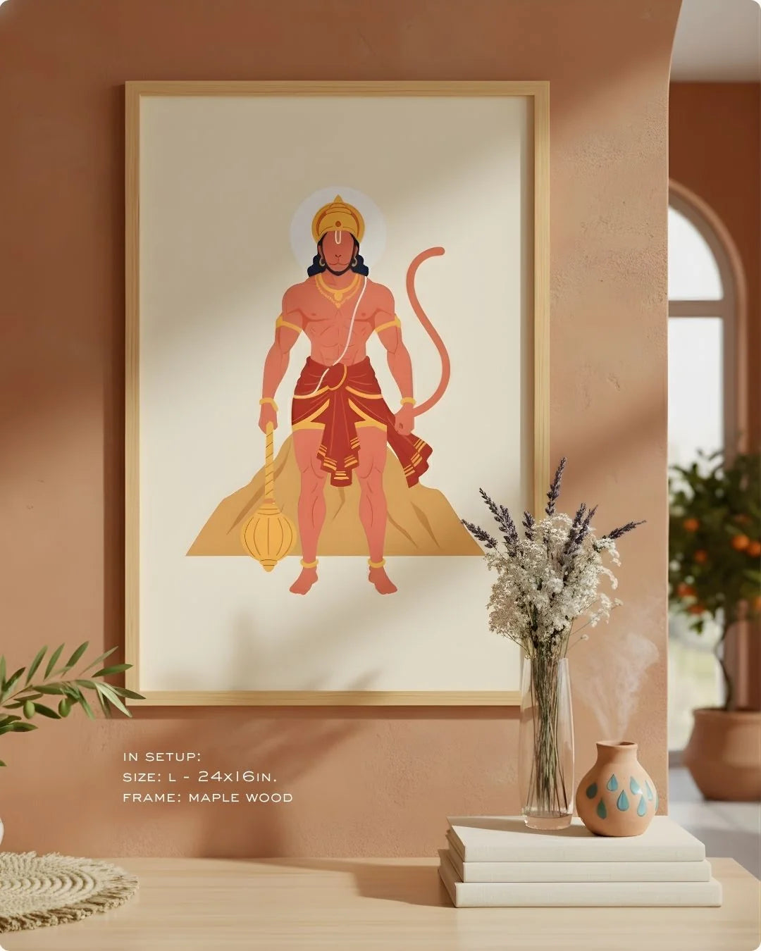Lord Hanuman minimalist print in a 0.5-inch Satin Gold frame, styled in a warm terracotta room with dried lavender and books.