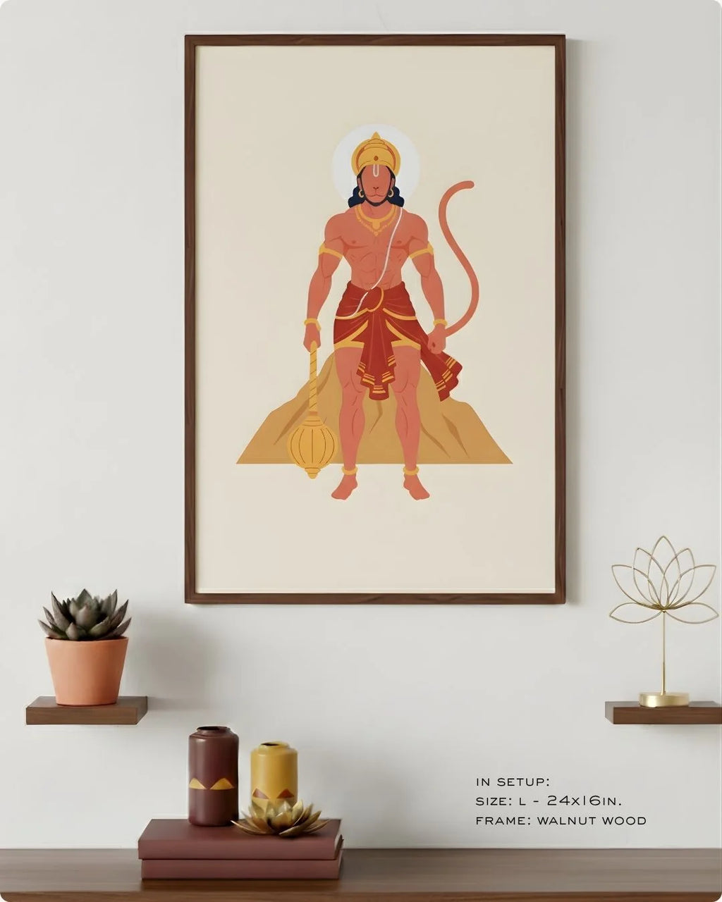 Lord Hanuman flat art in a Walnut Wood frame, styled on a minimalist white shelf with a gold lotus ornament.