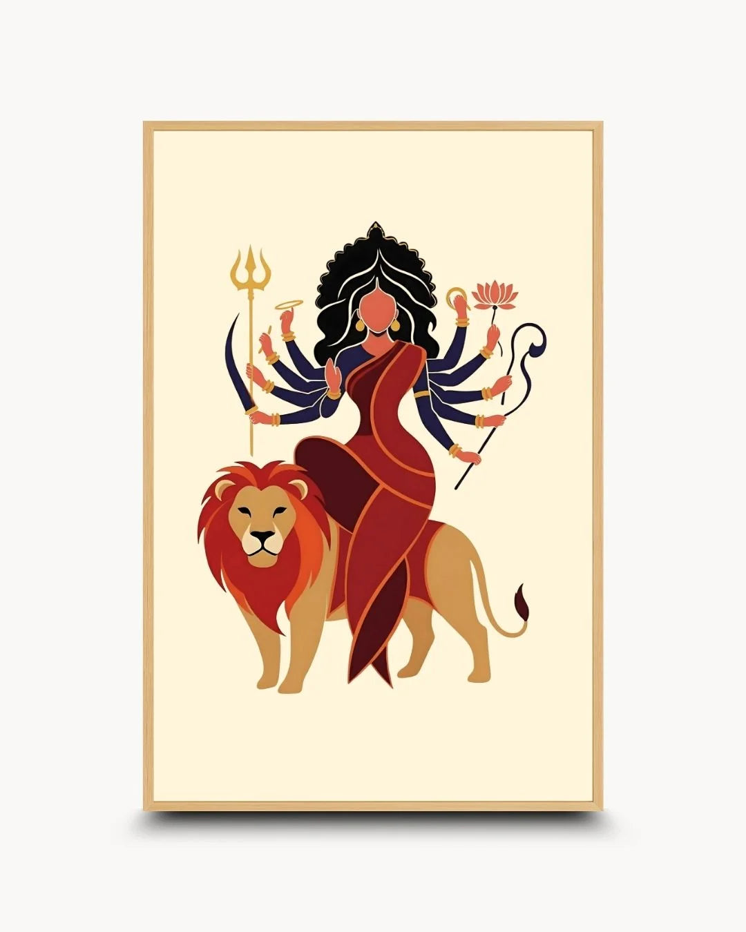 Serene Goddess Durga and lion flat art in a natural Maple Wood frame. Contemporary spiritual wall decor for modern pooja rooms and urban living.