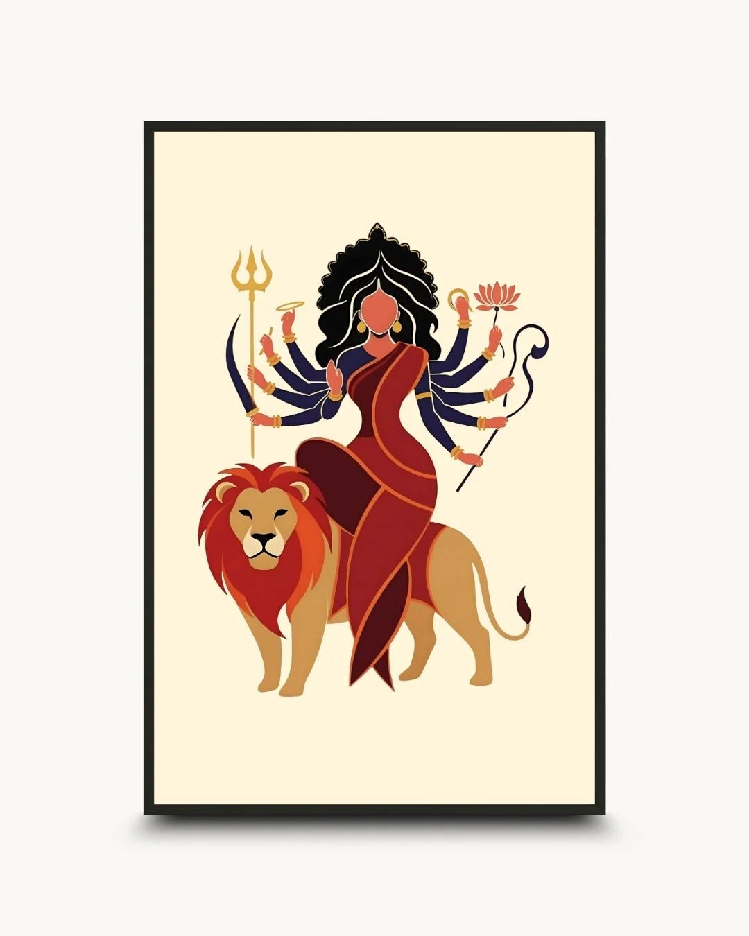 Minimalist Goddess Durga flat illustration riding a lion in a 0.5-inch Noir Black frame. Modern Hindu spiritual wall art for contemporary home decor.