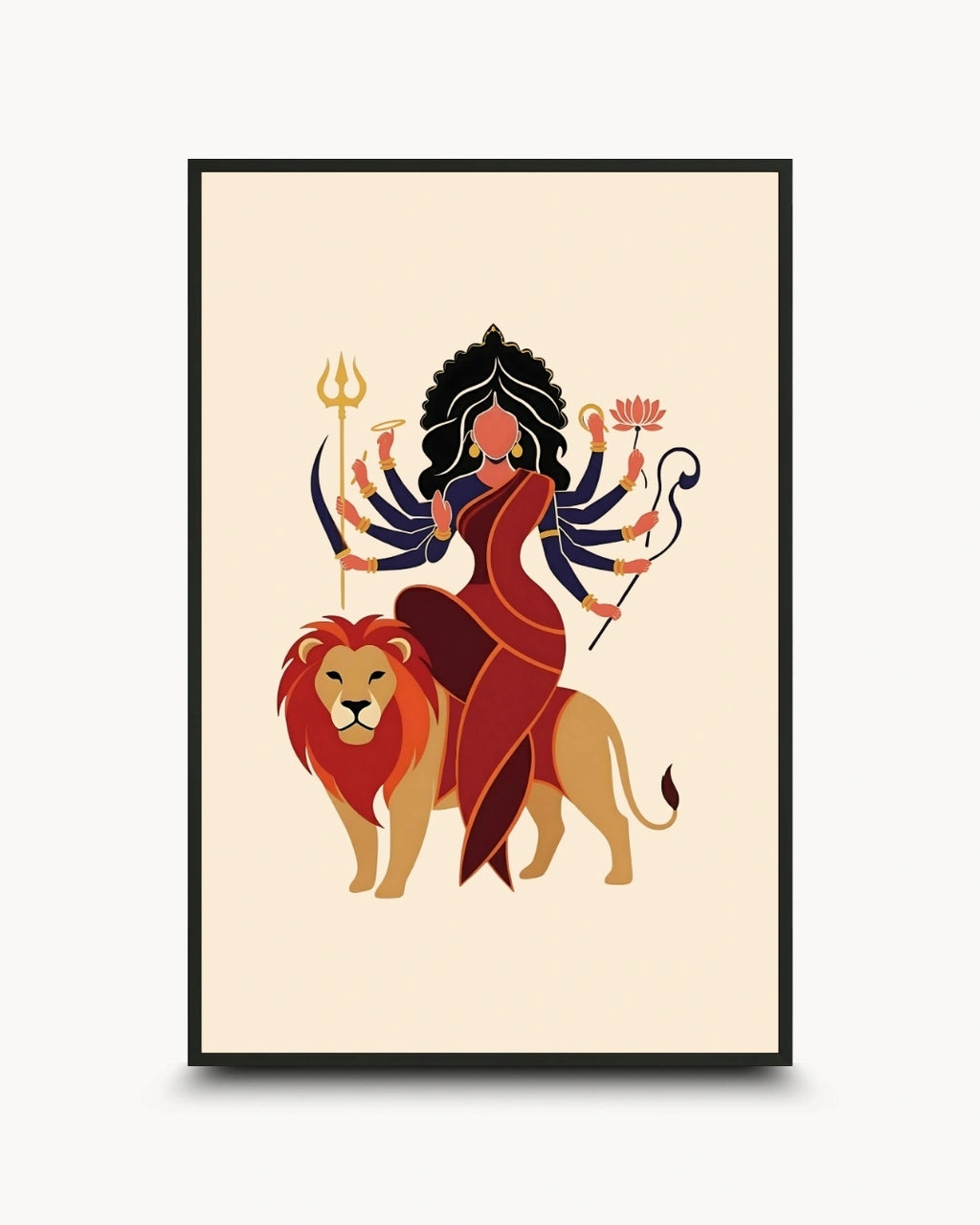 A framed art print featuring a stylized illustration of the Hindu goddess Durga riding a lion, with a trident and lotus flower, on a cream background.