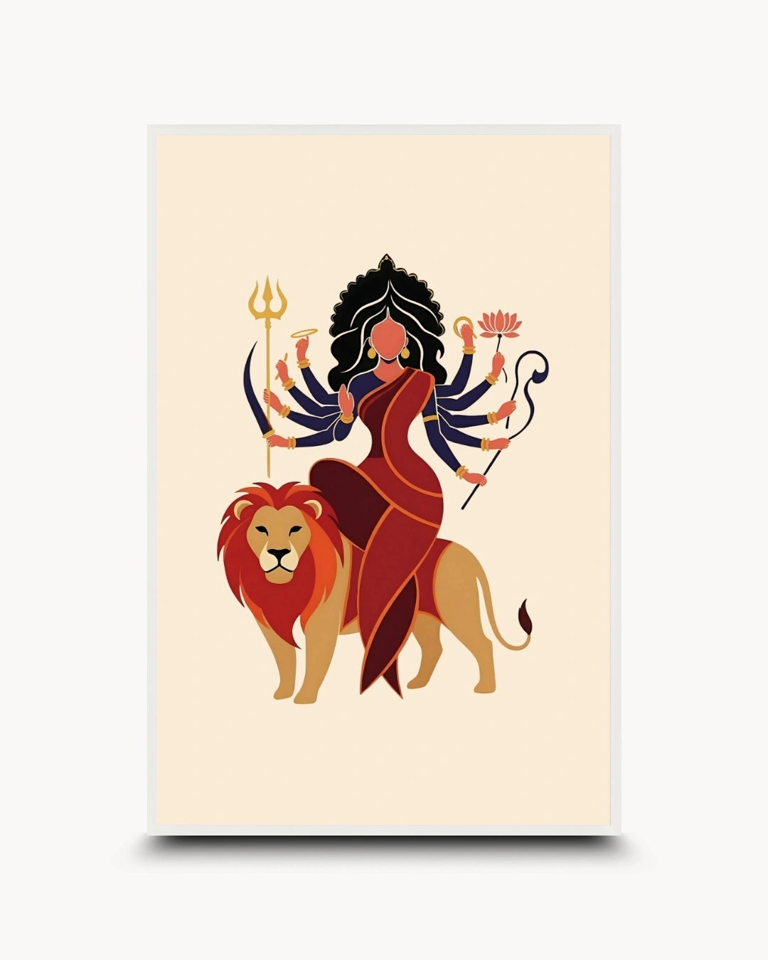A vertical art print featuring a stylized illustration of a woman with multiple arms riding a lion, rendered in warm red, gold, and dark blue tones on a cream background, shown against a light gray backdrop.