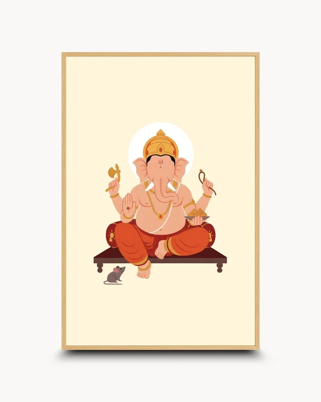 Lord Ganesh flat illustration in a natural Maple Wood frame. Contemporary spiritual wall decor for modern pooja rooms and entryways.