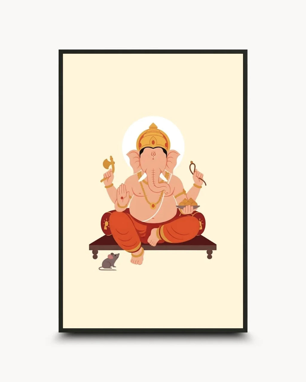 Minimalist Lord Ganesh silhouette with Mushak in a 0.5-inch Noir Black frame. Modern Hindu divine wall art for wisdom and new beginnings.