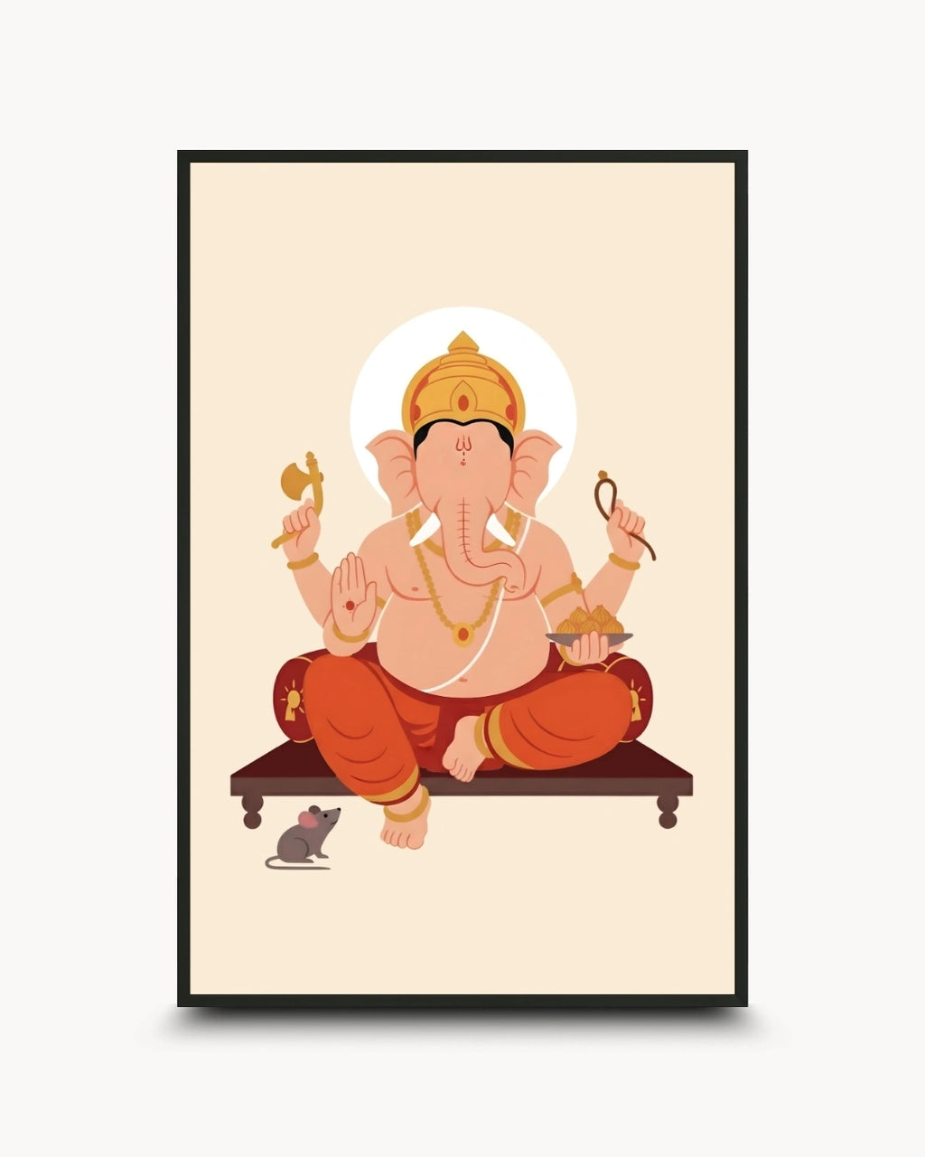 A framed art print featuring a stylized illustration of Ganesha sitting cross-legged on a platform, with a small mouse at his side, set against a cream background.