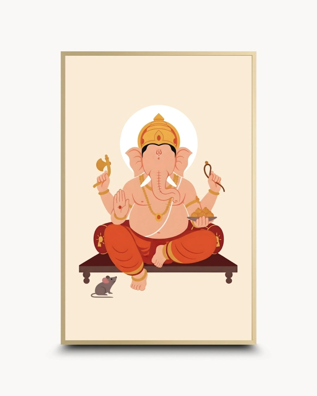 A framed art print featuring a stylized illustration of Ganesha sitting cross-legged on a dark platform, with a small mouse at his side, set against a cream background with a gold frame.