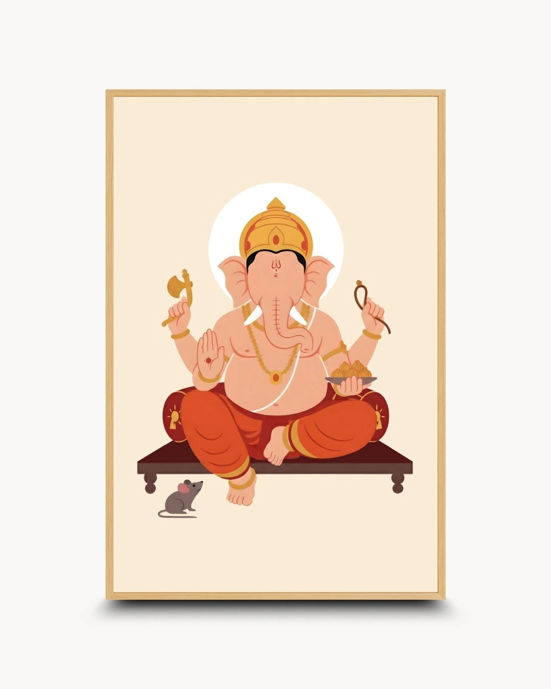 A framed art print featuring a stylized illustration of Lord Ganesha sitting cross-legged on a dark platform, with a small mouse at his side, set against a cream background with a light wood frame.