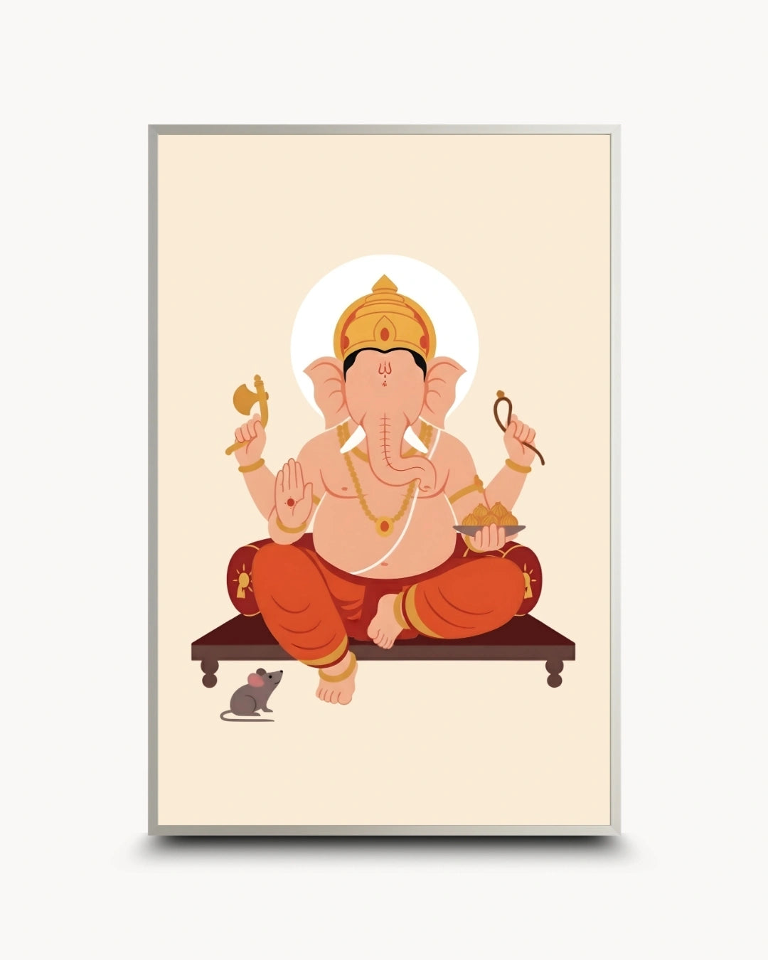 A vertical framed art print featuring a stylized illustration of Ganesha seated cross-legged on a platform, with a small mouse at his side, on a warm cream background.