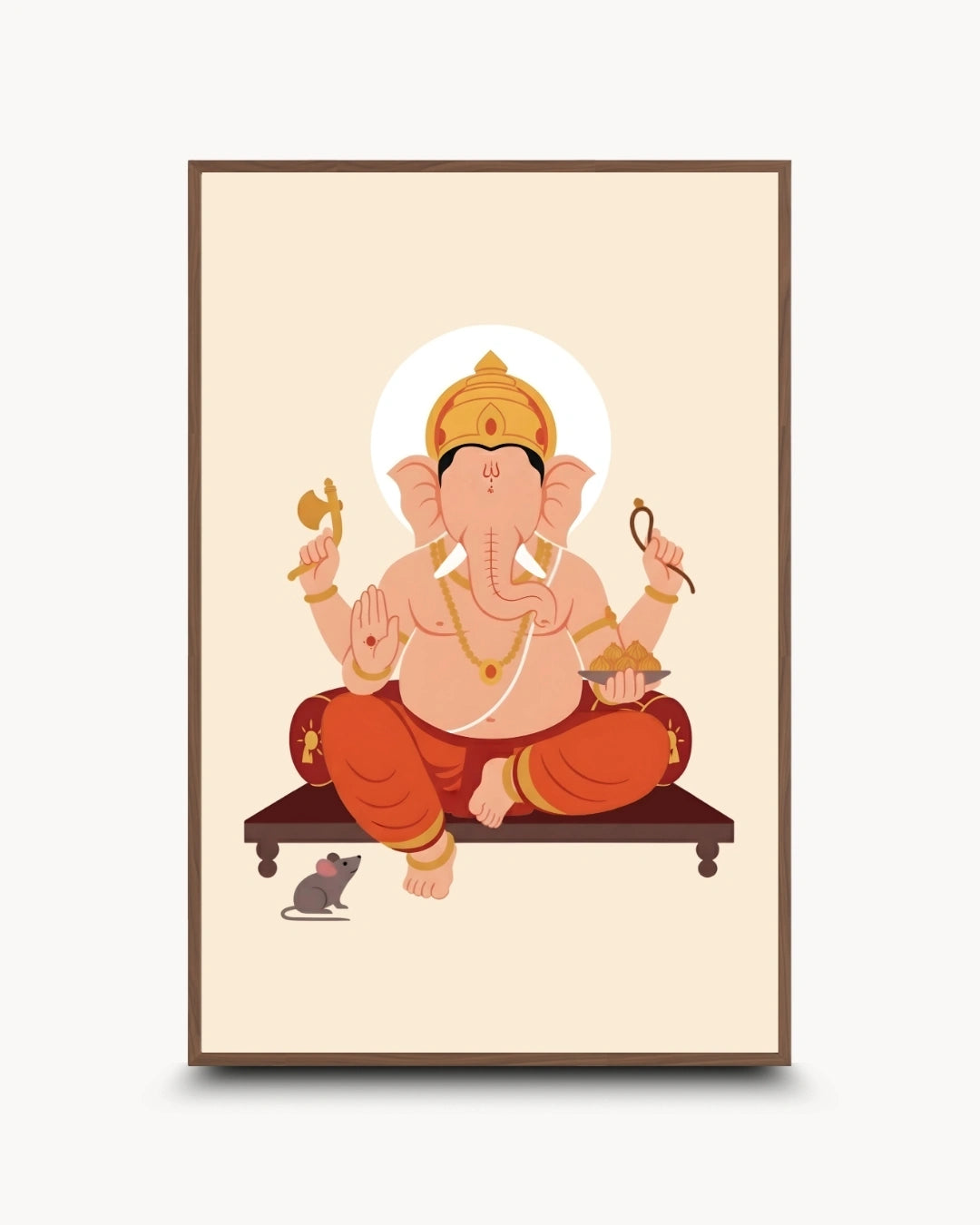 A framed art print featuring a stylized illustration of Ganesha sitting cross-legged on a platform, with a small mouse at his side, shown against a light gray background.