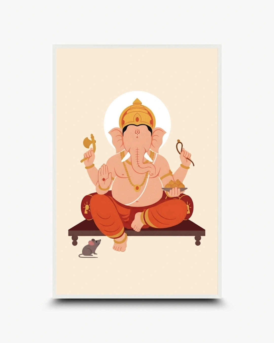 A vertical art print featuring a stylized illustration of Lord Ganesha seated on a dark platform, with a small mouse at his left. The print has a cream background with a white border and is shown against a light gray backdrop.