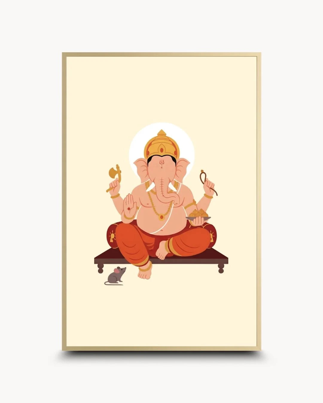 Elegant minimalist Lord Ganesh silhouette in a Satin Gold frame. Premium contemporary Hindu wall art for a high-end spiritual aesthetic.