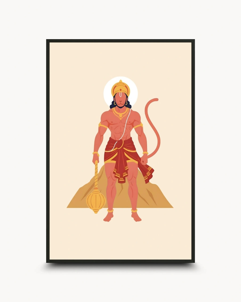 A framed art print featuring a stylized illustration of Lord Hanuman standing on a mountain, with a gold mace and a long tail, set against a cream background with a black frame.