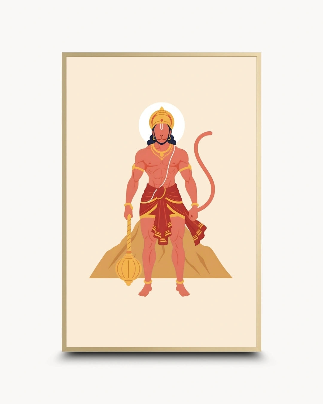 A framed art print featuring a stylized illustration of Lord Hanuman standing on a mountain, holding a mace, on a cream background with a gold frame.