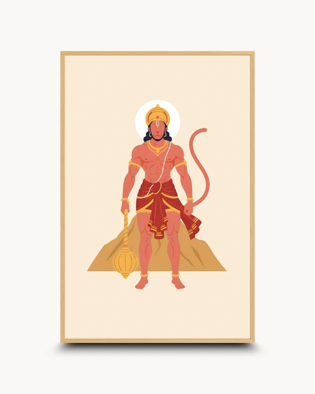 A vertical framed art print featuring a stylized illustration of Lord Hanuman standing on a hill, rendered in warm earth tones with a gold border around the artwork.