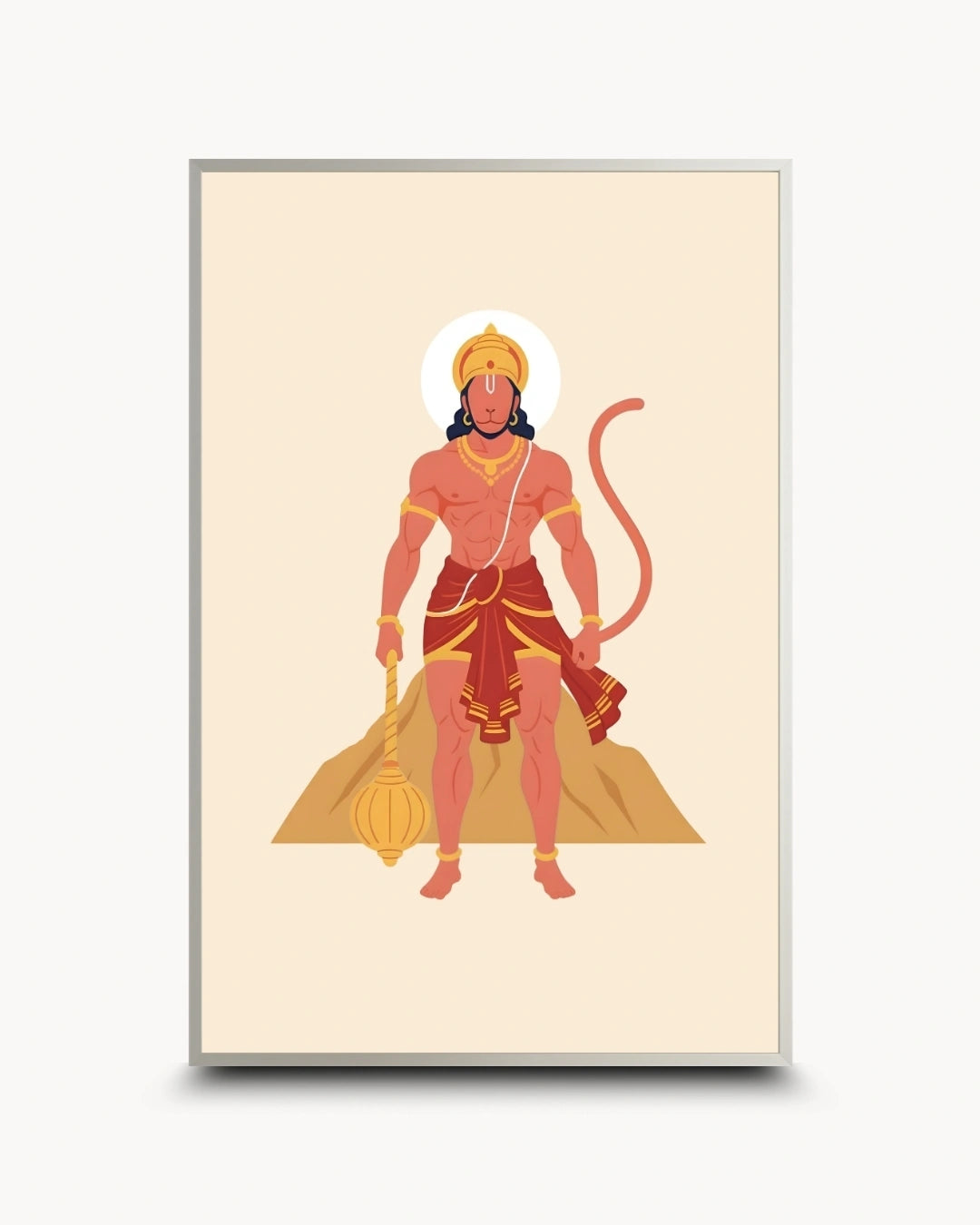 A framed art print featuring a stylized vector illustration of Lord Hanuman standing on a mountain, holding a mace, on a cream-colored background with a thin silver frame.