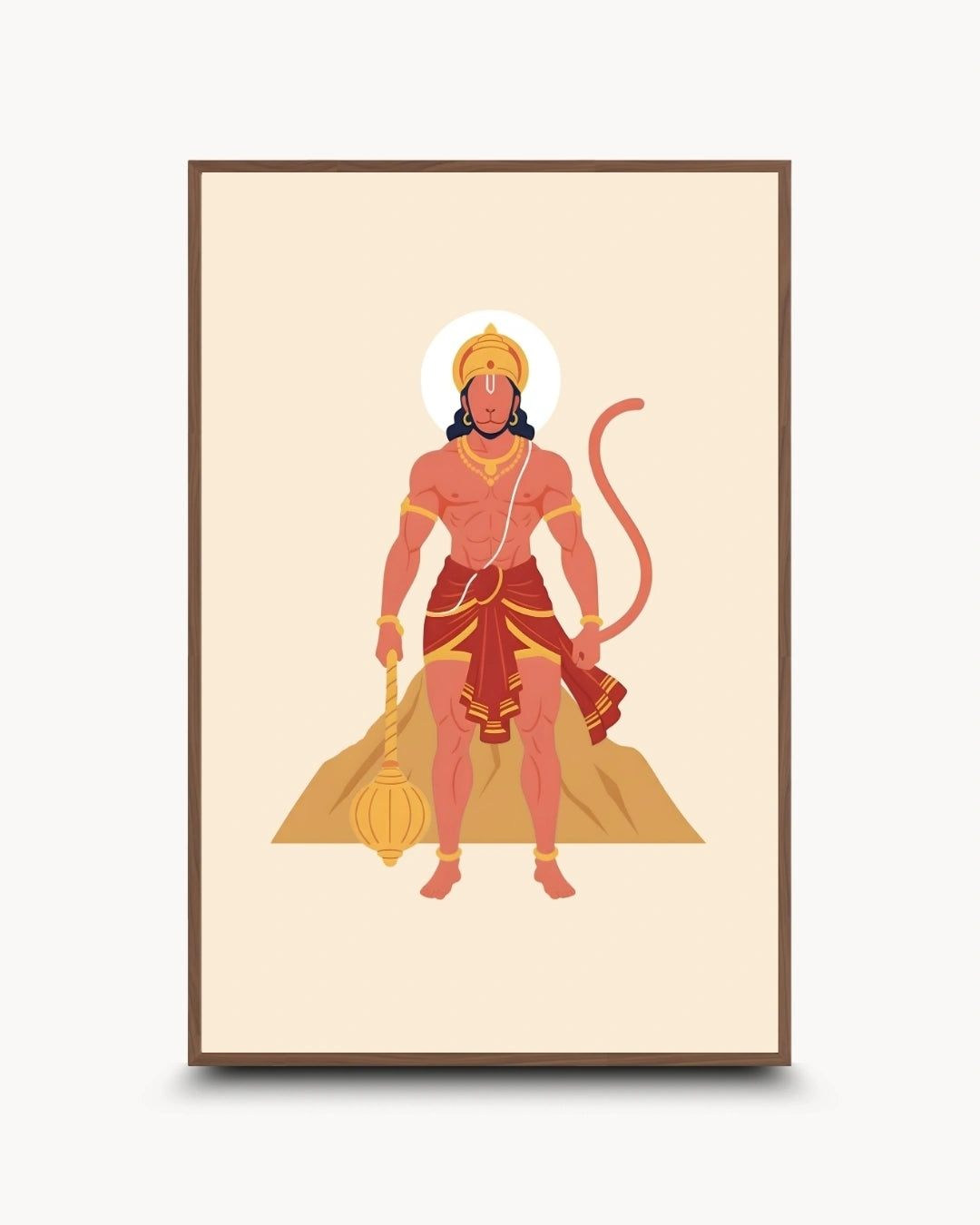 A framed art print featuring a stylized vector illustration of the Hindu deity Hanuman standing on a mountain, set against a cream background with a brown frame.