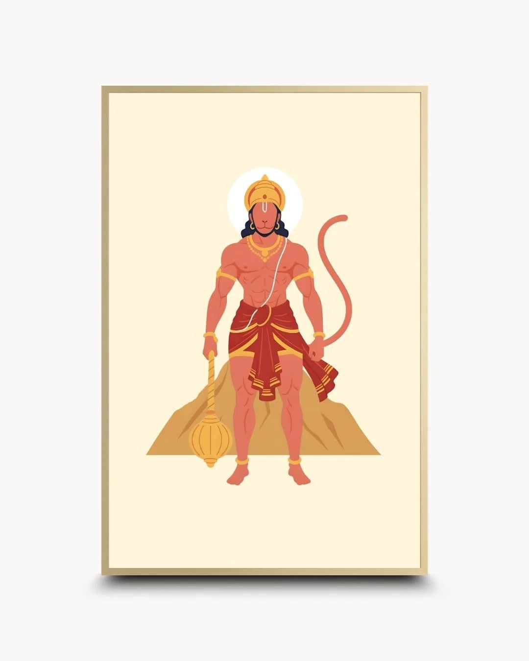 Elegant minimalist Lord Hanuman silhouette in a Satin Gold frame. Luxury contemporary Hindu wall art for a high-end spiritual aesthetic.