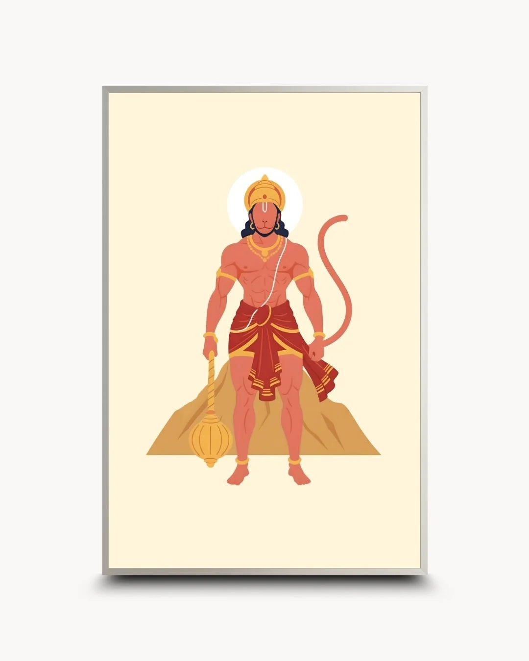 Modern minimalist Bajrangbali art in a sleek Satin Silver frame. Sophisticated, clean spiritual wall art for modern metropolitan Indian homes.