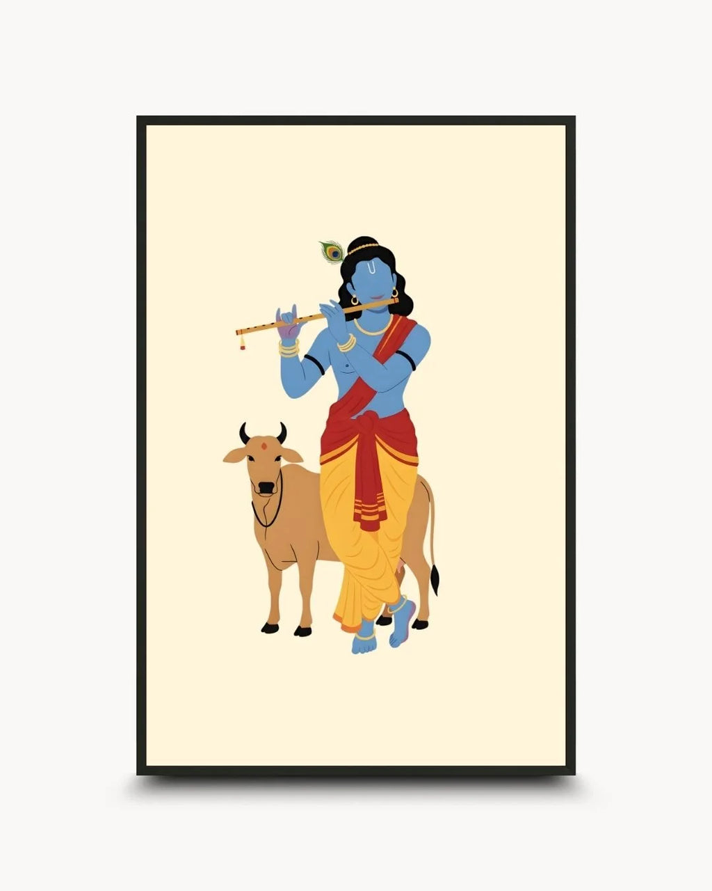 Minimalist flat illustration of Lord Krishna playing the flute with a cow in a 0.5-inch Noir Black frame. Modern Hindu divine wall art for serene home decor.