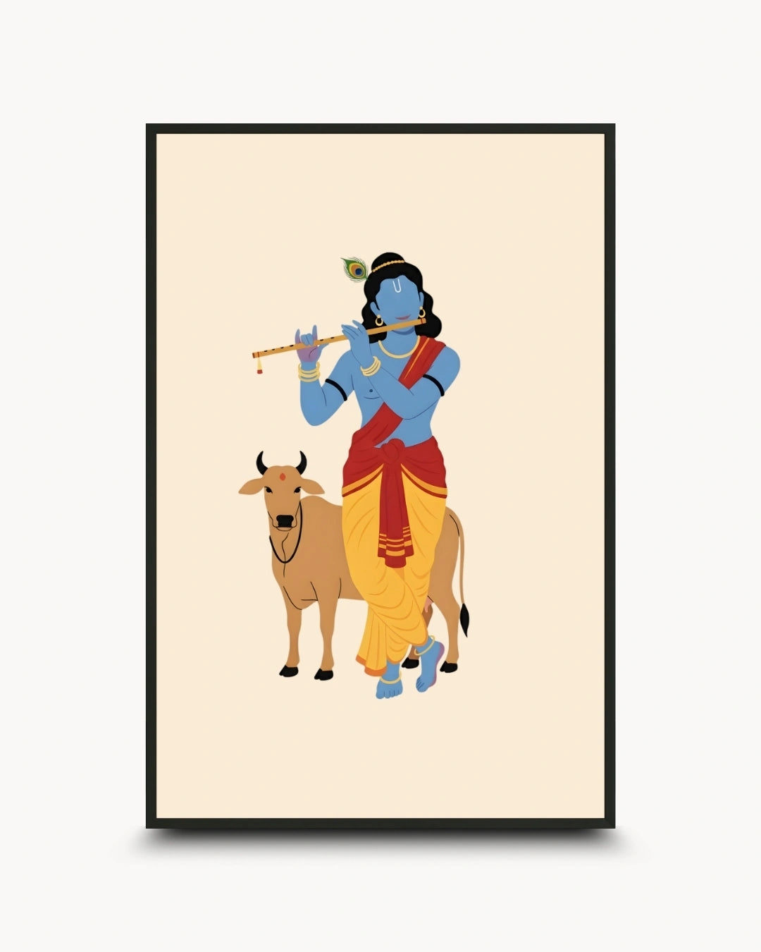 A framed art print featuring a stylized illustration of Lord Krishna playing a flute next to a cow, set against a light cream background with a black frame.