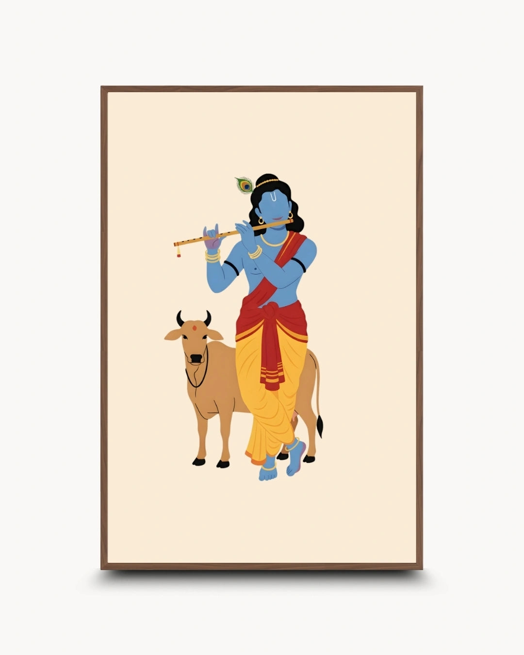 A framed art print featuring a stylized illustration of Lord Krishna playing a flute next to a cow, set against a cream background with a brown frame.