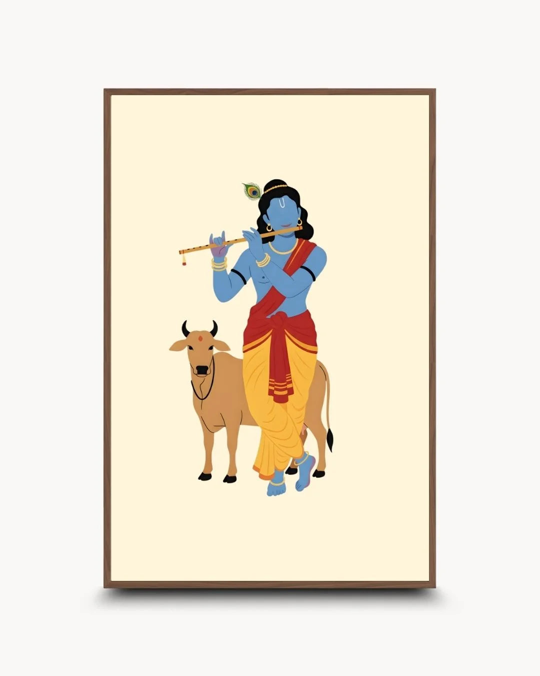 Divine: Hinduism - Krishna illustration in a sophisticated Walnut Wood frame. High-contrast modern spiritual art for premium home interiors.