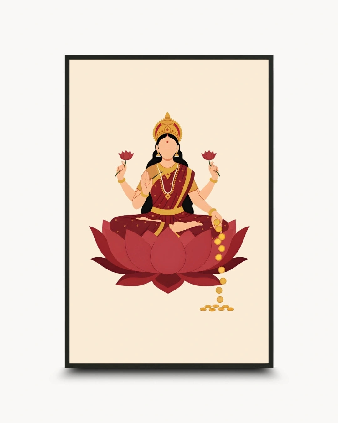 A framed art print featuring a stylized illustration of the Hindu goddess Lakshmi seated on a red lotus flower, holding pink lotus flowers, with gold coins and jewelry, set against a cream background.
