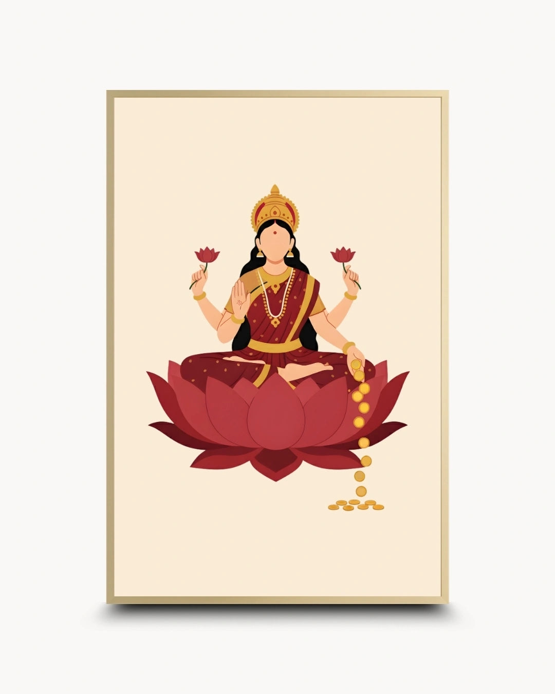 A framed art print featuring a stylized illustration of the Hindu goddess Lakshmi seated on a red lotus flower, holding pink lotus flowers, with gold coins and jewelry, set against a cream background.