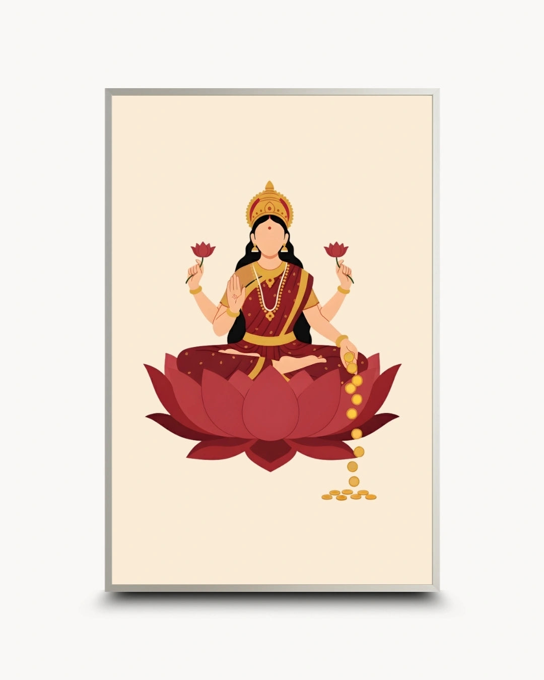 A framed art print featuring a stylized illustration of the Hindu goddess Lakshmi seated on a red lotus flower, holding pink lotus flowers, with gold coins flowing from her necklace, set against a cream background.
