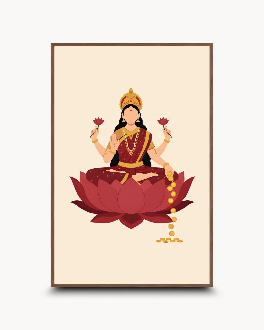 A framed art print featuring a stylized illustration of the Hindu goddess Lakshmi seated on a red lotus flower, holding pink lotus buds, with gold coins and jewelry, set against a cream background with a thin brown frame.