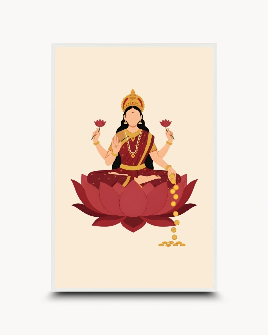 A vertical art print featuring a stylized illustration of the Hindu goddess Lakshmi seated on a large red lotus flower, holding pink lotus flowers, with gold coins and jewelry, set against a cream background.
