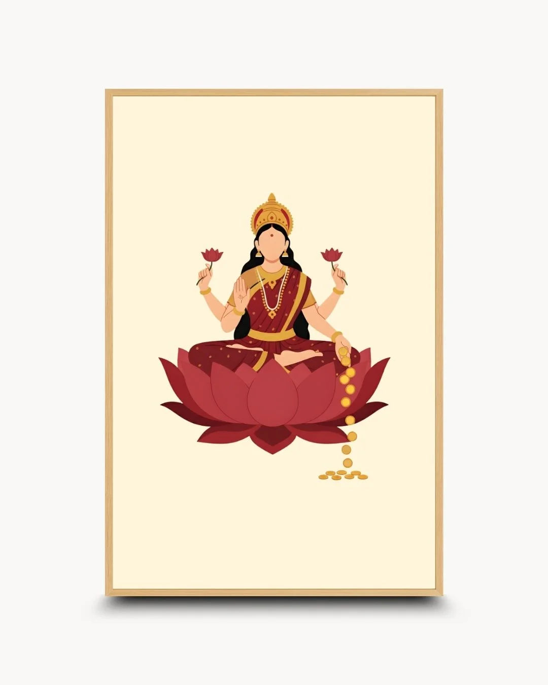 Serene Goddess Laxmi flat art in a natural Maple Wood frame. Contemporary spiritual wall decor for modern pooja rooms.