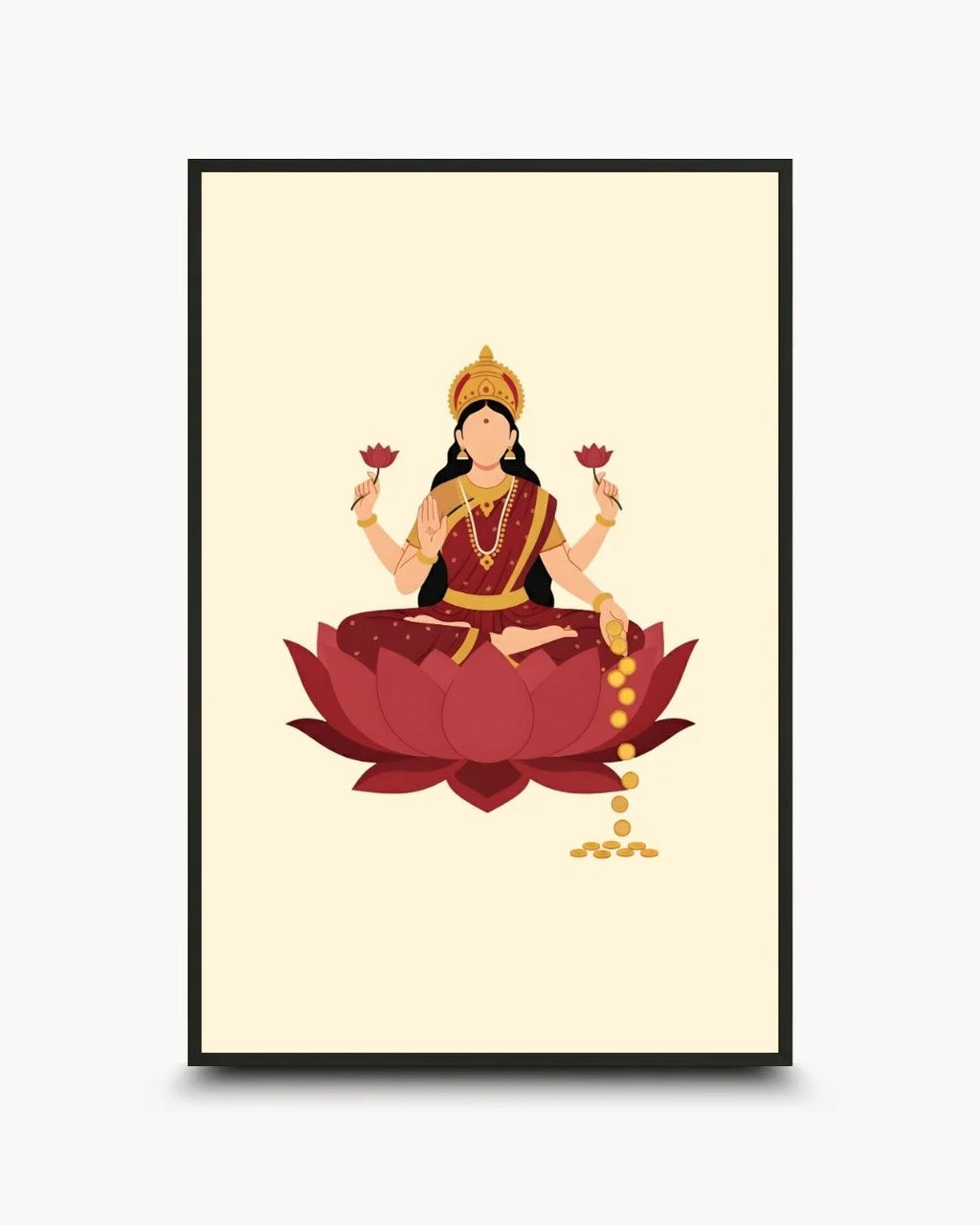 Minimalist Goddess Laxmi on a lotus silhouette in a 0.5-inch Noir Black frame. Modern Hindu divine wall art for prosperity and wealth.