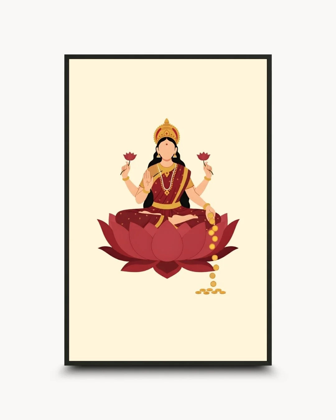 Minimalist Goddess Laxmi on a lotus silhouette in a 0.5-inch Noir Black frame. Modern Hindu divine wall art for prosperity and wealth.