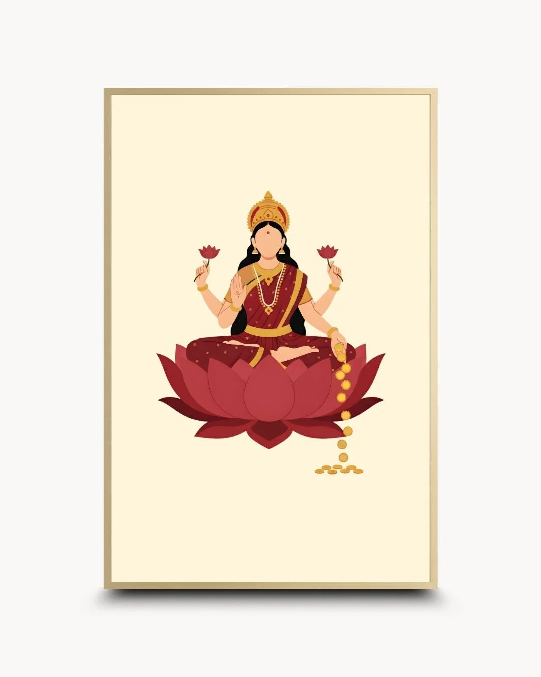 Elegant minimalist Goddess Laxmi silhouette in a Satin Gold frame. Luxury contemporary Hindu divine wall art by K2C Co.