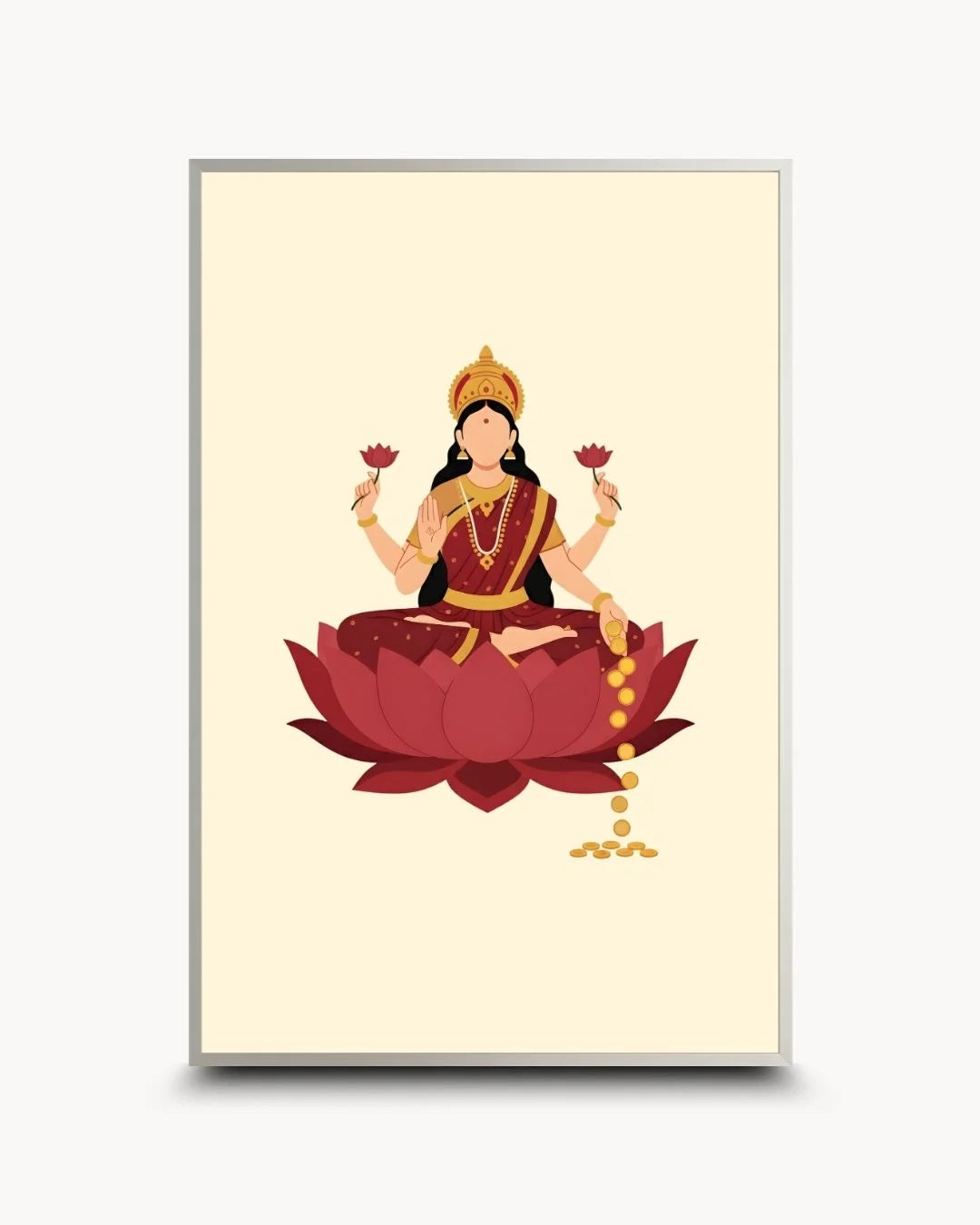 Modern minimalist Lakshmi art in a sleek Satin Silver frame. Sophisticated, clean spiritual wall art for urban homes.