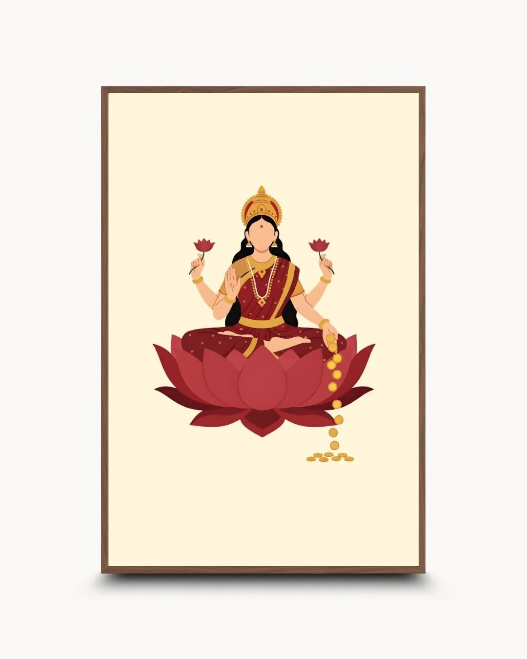 Divine: Hinduism - Laxmi illustration in a sophisticated Walnut Wood frame. High-contrast modern spiritual art for premium interiors.