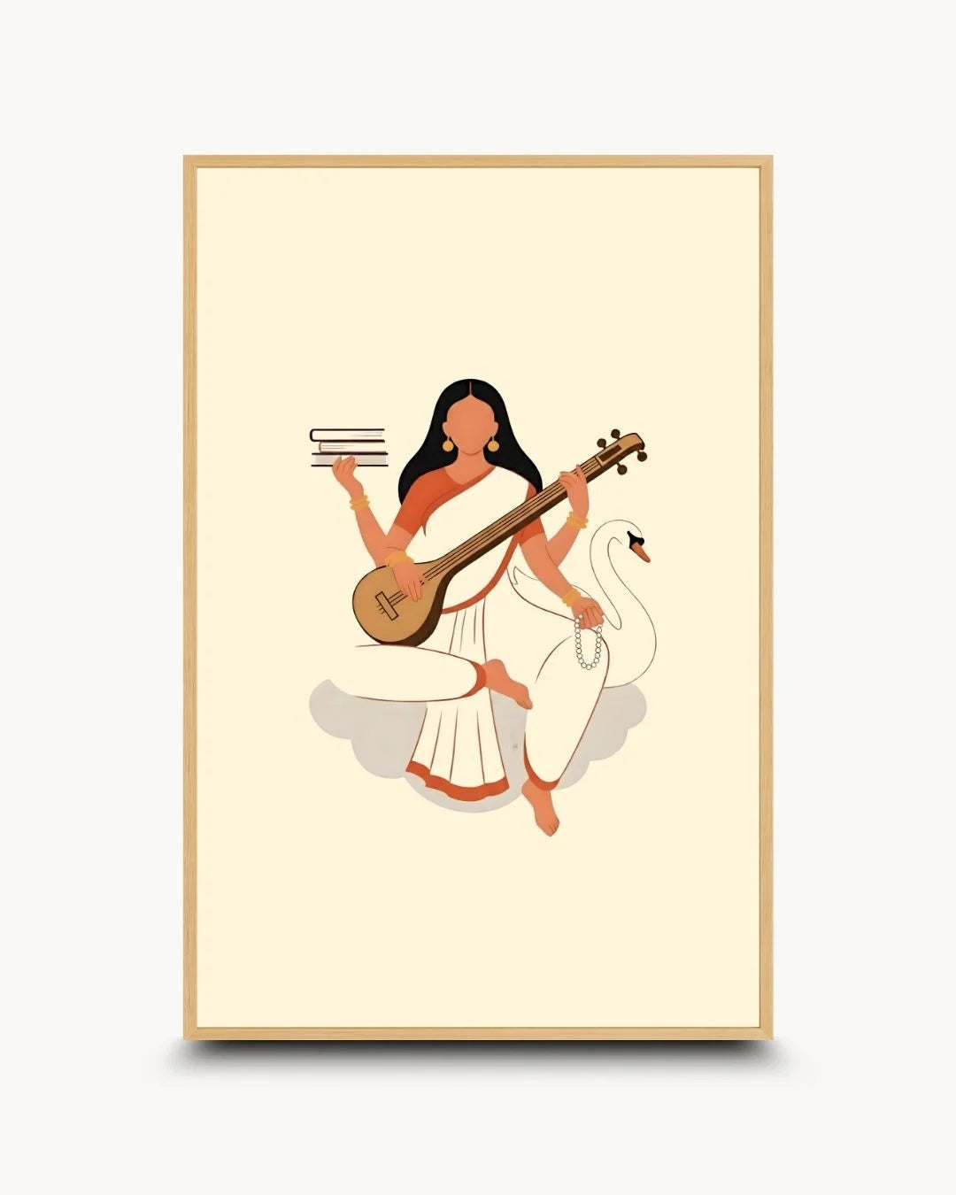 Goddess Saraswati flat illustration in a natural Maple Wood frame. Contemporary spiritual wall decor for modern offices and educational spaces.