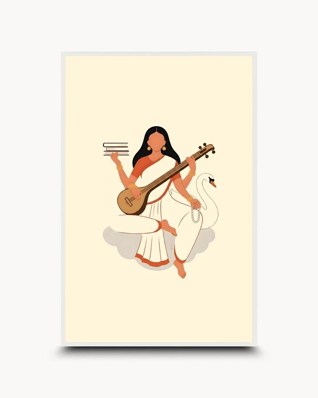 K2C Co. Divine: Hinduism - Saraswati print in a Moon White frame. Clean Saraswati silhouette on a cream background for minimalist modern study rooms.