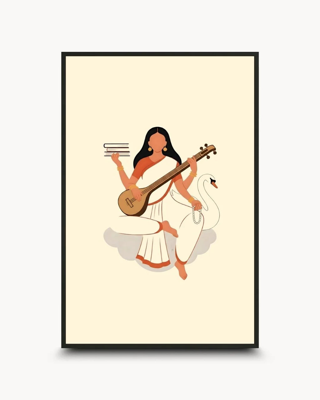 Minimalist Goddess Saraswati silhouette with Veena and swan in a 0.5-inch Noir Black frame. Modern Hindu divine wall art for knowledge and music.