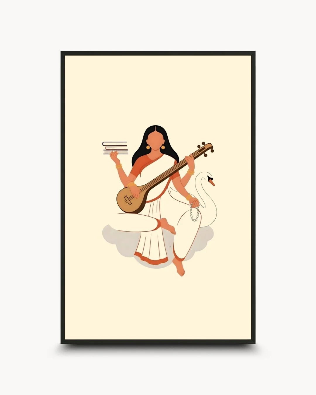 Minimalist Goddess Saraswati silhouette with Veena and swan in a 0.5-inch Noir Black frame. Modern Hindu divine wall art for knowledge and music.