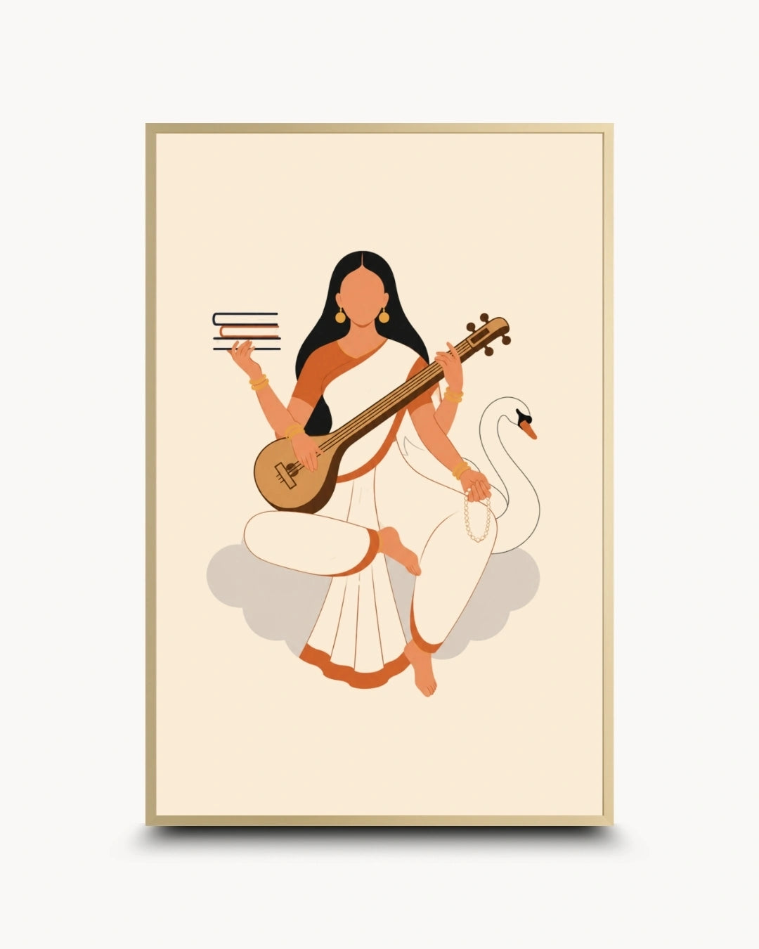 A framed art print featuring a minimalist illustration of goddess Saraswati in a white sari playing a stringed instrument, with a white swan beside her, shown against a light gray background.