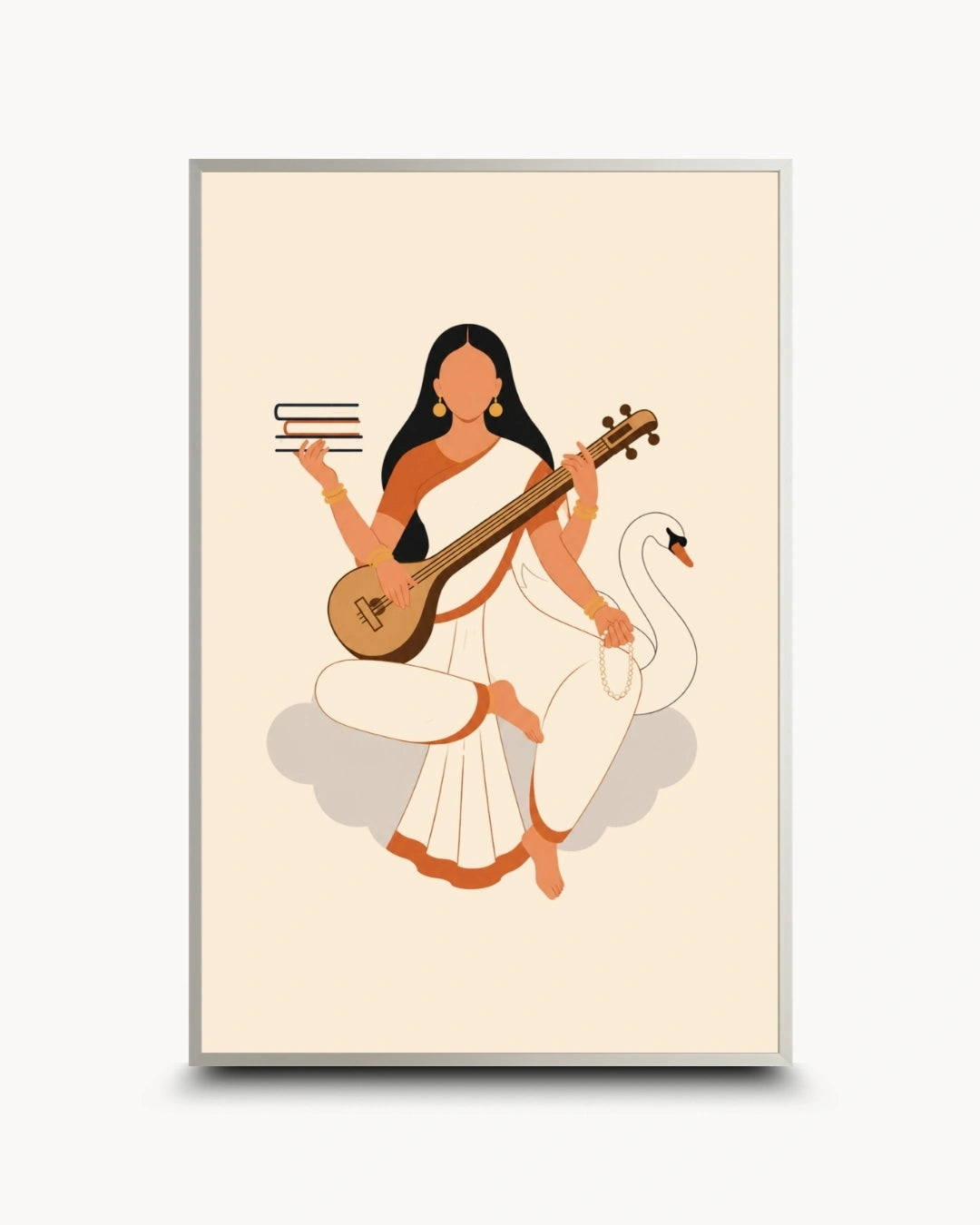 A vertical framed art print featuring a stylized illustration of goddess Saraswati in a white sari playing a stringed instrument, seated beside a white swan, on a warm cream background.
