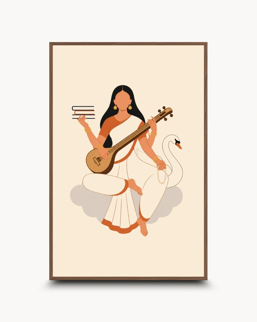 A framed art print featuring a minimalist illustration of goddess Saraswati in a white sari playing a tan stringed instrument, with a white swan beside her and three books in her raised hand, set against a cream background with a thin brown frame.