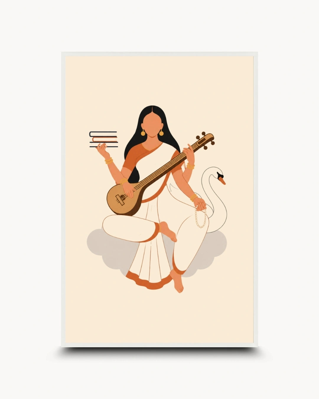 A minimalist art print featuring a stylized illustration of goddess Saraswati in a white sari playing a tan stringed instrument, with a white swan beside her, set against a cream background.