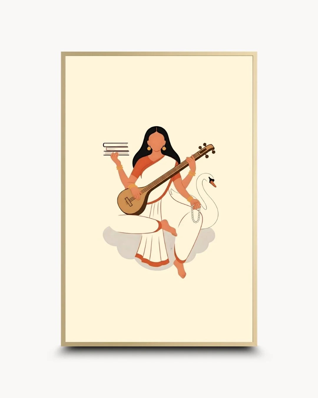 Elegant minimalist Goddess Saraswati silhouette in a Satin Gold frame. Premium contemporary Hindu wall art for a high-end spiritual and academic aesthetic.