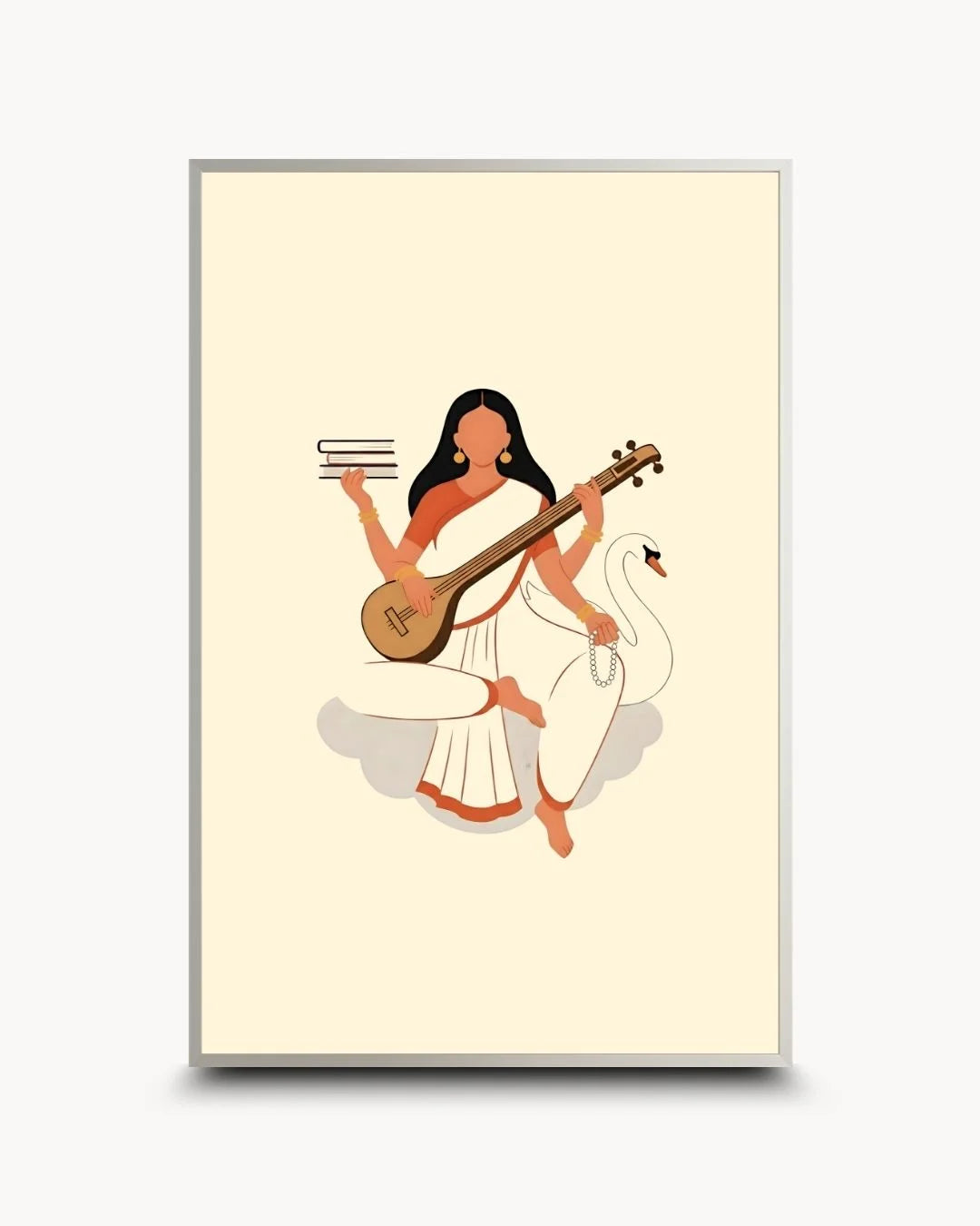 Modern minimalist Saraswati art in a sleek Satin Silver frame. Sophisticated cultural wall art for modern metropolitan Indian homes.
